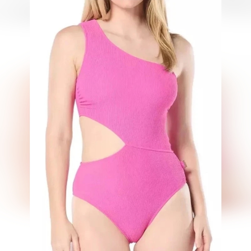 NWT MICHAEL Michael Kors Womens Pink One Shoulder Side Cutout Swimsuit 6 Ribbed